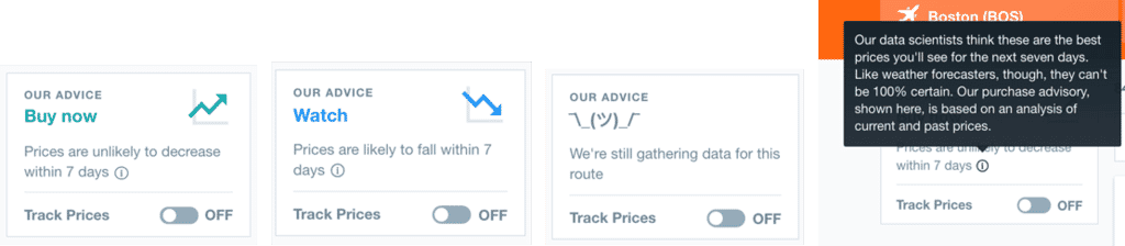 KAYAK.com Price Trends and Tip Explanation